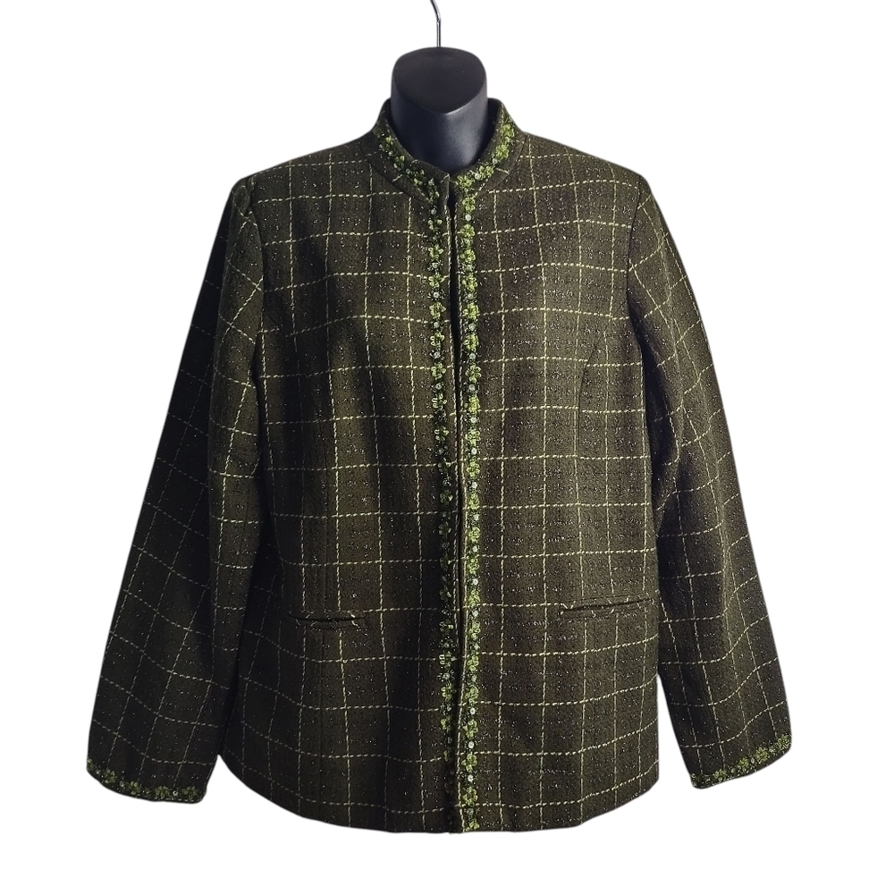 Susan Graver Green Tweed Windowpane Blazer Women's Size M Embroidered Lined